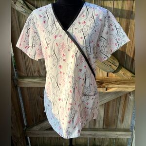 Absolute Breast Cancer Pink Ribbons & Butterflies Short Sleeve Wrap Scrub Top L